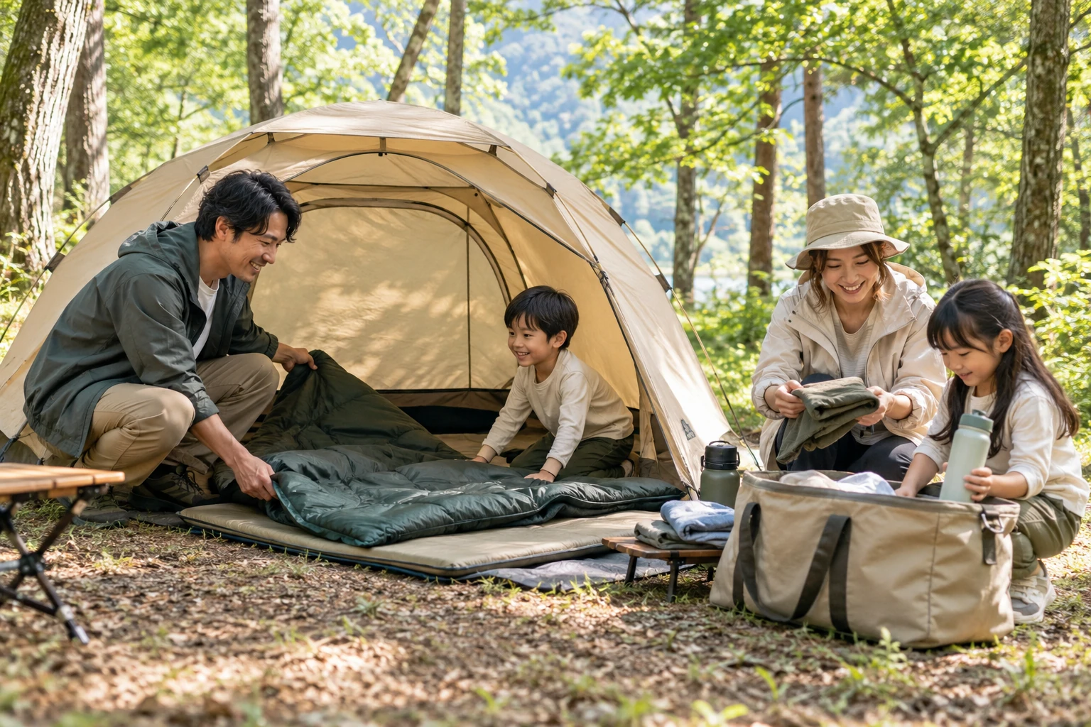 親子でテントやキャンプ用品を準備する家族